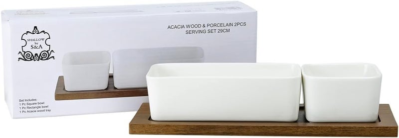 Shallow Acacia Wood Porcelain 2 Pieces Serving Set, 29cm, White & Brown - Image 5